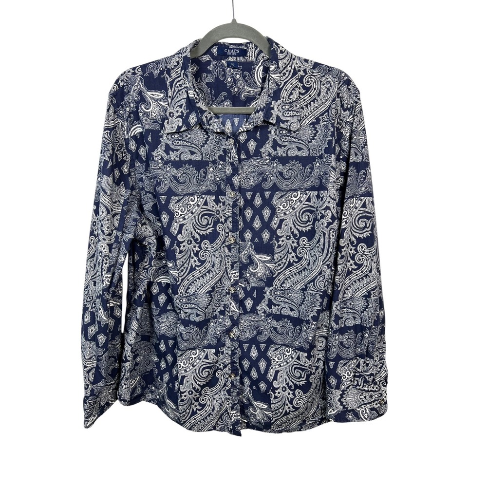 Chaps Paisley Boho Cotton Button Down Navy Blue Long Sleeve Shirt Preppy 2X